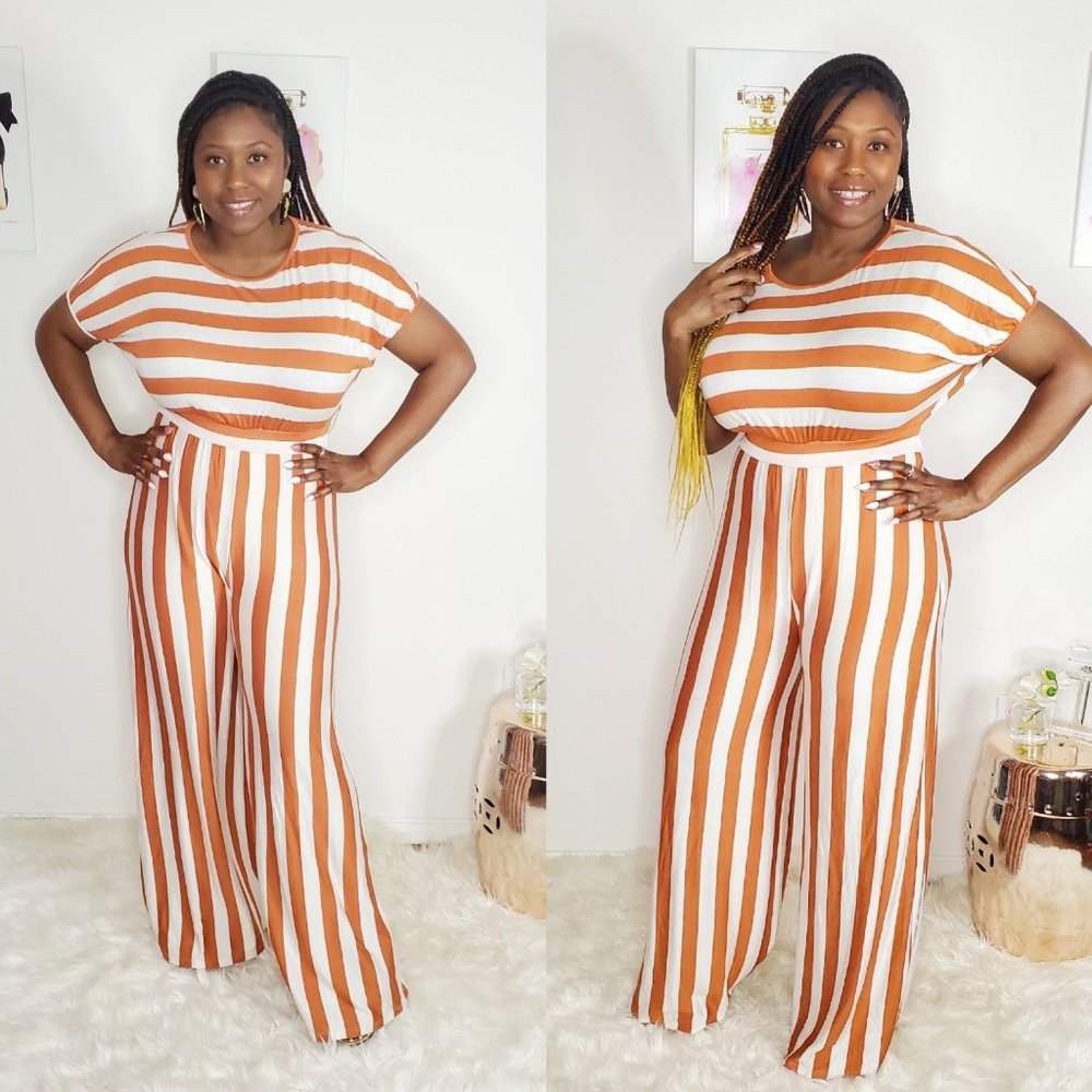 Women's Batwing Sleeve Striped Wide Leg Jumpsuit Back Button Closure Copper